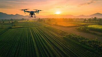 Drone flying over a field with rice crops photo