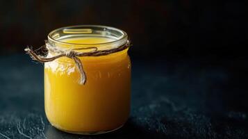 Dark background container holding homemade ghee. photo