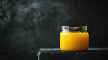 Homemade ghee displayed in a container against a dark background. photo