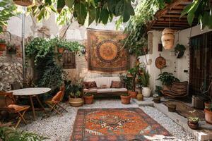 Discover the Elegance of a Traditional House Backyard Adorned with Hanging Tapestry and Cozy Comfort photo