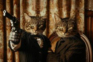 A Comical and Creative Depiction of Cats in Elegant Suits with Pistols photo