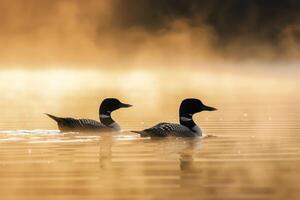 Two Loons Swimming in a Misty Lake with Perfect Reflections photo