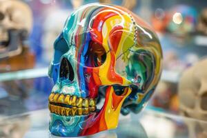 A Unique and Colorful Skull Artwork Featuring Vibrant Hues and Modern Design Elements photo