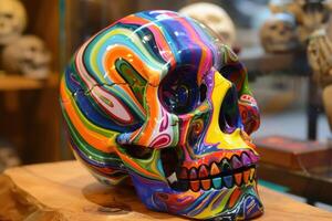 A Unique and Colorful Skull Artwork Featuring Vibrant Hues and Modern Design Elements photo