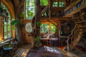 A Whimsical Treehouse Sanctuary Bathed in Sunlight photo