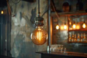 A bar with a bar counter and a light bulb photo