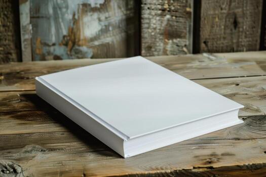 White Book Resting on a Wooden Table, Highlighting a Minimalist and Classic Reading Experience photo