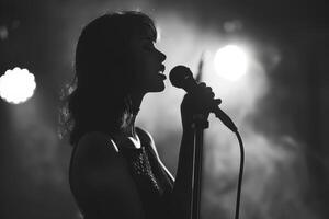 A Woman Passionately Singing into a Microphone, Capturing the Essence of Live Performance and Music photo