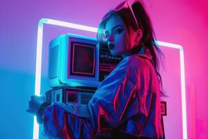 A Woman with a Boombox Surrounded by Blue and Pink Lights, Creating a Vibrant and Retro Atmosphere photo