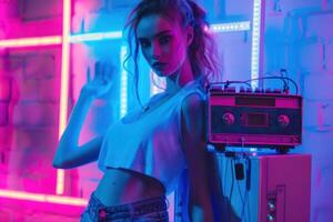 The Dynamic Energy of a Woman Holding a Boombox Amidst a Colorful Display of Blue and Pink Lights photo