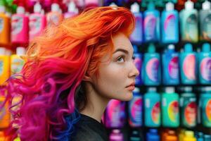 A Colorful Display of Haircare Products with a Woman Featuring Vibrant Hair photo