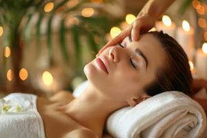 Young and Beautiful Woman Enjoying a Massage in a Spa Center, Embracing Ultimate Relaxation and Rejuvenation photo