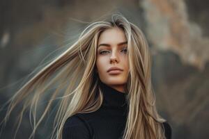 Stunning Woman Posing with Long Straight Blonde Hair, Capturing a Chic and Trendy Appearance photo