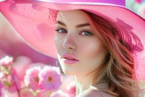 Young and Beautiful Woman Wearing a Pink Hat, Showcasing a Stylish and Trendy Fashion Statement photo