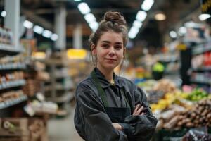 Young Female Worker Standing Confidently at a Grocery Store, Demonstrating Professionalism and Retail Expertise photo