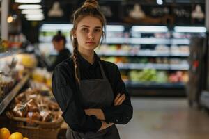 Young Female Worker Standing Confidently at a Grocery Store, Demonstrating Professionalism and Retail Expertise photo