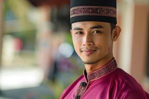 Elegant Young Man Dressed in Malay Attire, Capturing the Essence of Cultural and Formal Fashion photo
