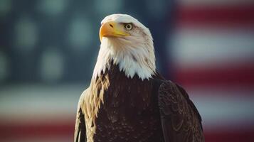 A Bald Eagle Displayed Against the Backdrop of the American Flag photo