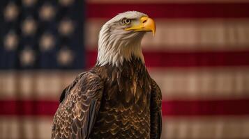A Bald Eagle Posing Before an American Flag photo