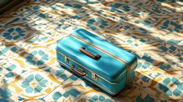 A Stylish Blue Suitcase Set on Top of Elegant Tilework photo