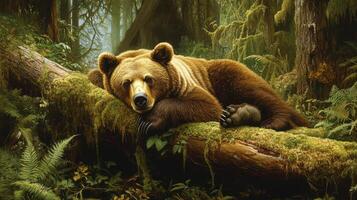 A brown bear rests peacefully on a moss-covered log amidst the forest greenery. photo