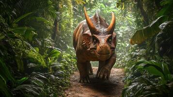 A horned brown dinosaur strolls along a forest path. photo
