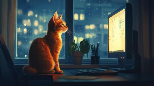 un curioso gato perchas en un computadora escritorio, mirando atentamente a el pantalla. foto