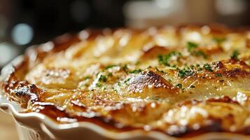 A detailed shot of a delicious dish with a crispy golden-brown crust. photo