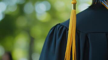 A detailed view of a graduation cap and gown adorned with a bright yellow tassel. photo