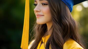 A detailed view of a graduation cap and gown adorned with a bright yellow tassel. photo