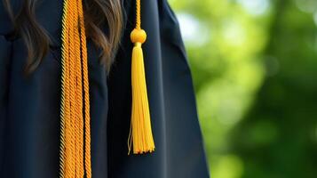 A detailed view of a graduation cap and gown adorned with a bright yellow tassel. photo