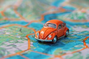 A Miniature Toy Car Navigating Through a Detailed 3D Map Visualization photo