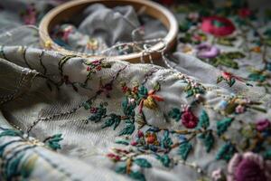 Traditional Embroidery Artfully Executed on Fabric, Showcasing Intricate Needlework and Craftsmanship photo
