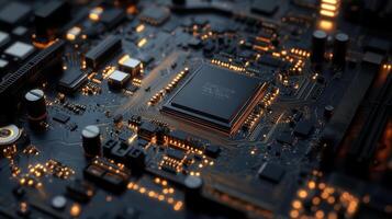 A close up of a computer processor highlighting its complex circuitry. photo