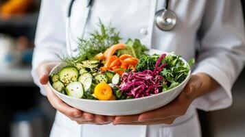 A Nutritionist Presenting a Bowl of Fresh Salad photo
