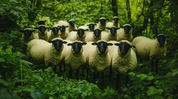 Sheep with black faces are clustered together in a rich, green grassy field. photo