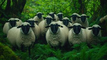 A group of sheep with black faces is grazing in a vibrant green meadow. photo