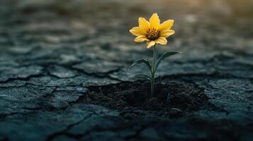 A flower emerges from the soil, displaying its colorful petals. photo