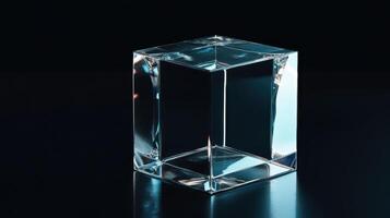A glass cube contrasts with a black background, showcasing reflections of its surroundings. photo