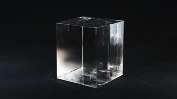 A glass cube is positioned against a black backdrop, reflecting its environment. photo