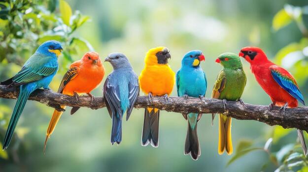 A cluster of vibrant birds perched on a tree branch. photo