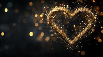 A shimmering gold heart stands out on a dark background. photo