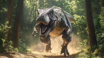 A sizable T-Rex dinosaur replica is depicted running across a display platform photo