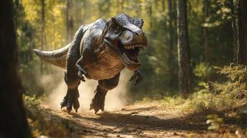 A sizable T-Rex dinosaur replica is depicted running across a display platform photo