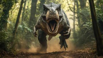 A giant Tyrannosaurus Rex model is seen running on a showcase. photo