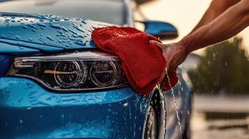 A person uses a red cloth to clean and polish a blue car. photo