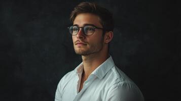 A man with glasses dressed in a white shirt. photo