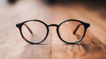 A set of black round eyeglasses with transparent lenses. photo