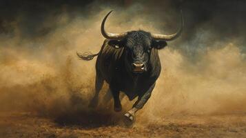 A dynamic bull charging forward, kicking up a dramatic dust cloud. photo