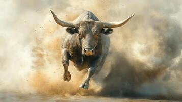 A dynamic bull charging forward, kicking up a dramatic dust cloud. photo